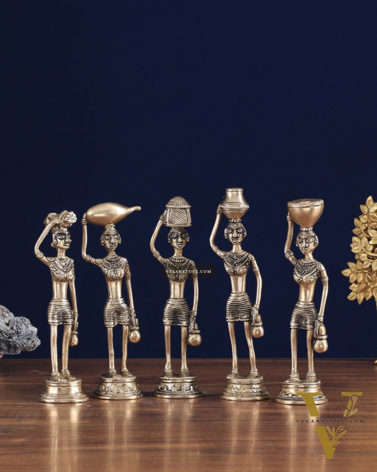 Tribal Brass Set of 5 Village Women Idols Depicting Daily Chores 7.5"