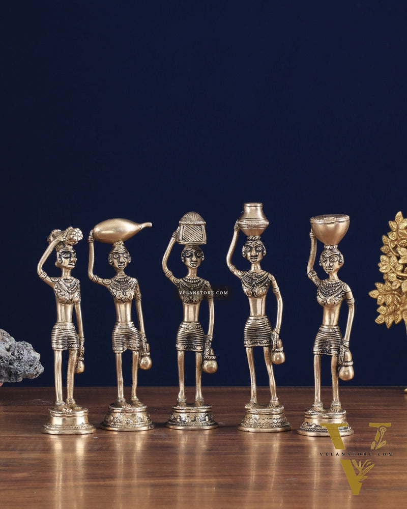 Tribal Brass Set of 5 Village Women Idols Depicting Daily Chores 7.5"