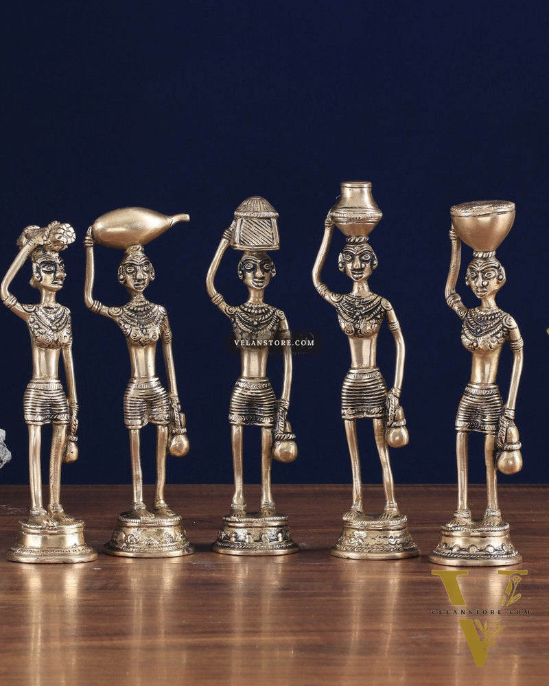 Tribal Brass Set of 5 Village Women Idols Depicting Daily Chores 7.5"