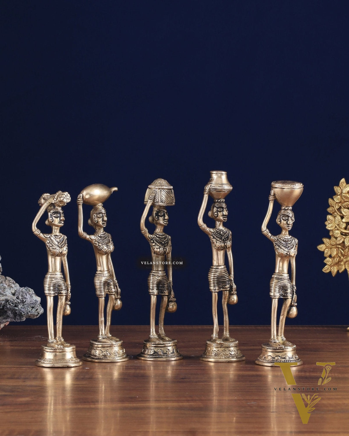 Tribal Brass Set of 5 Village Women Idols Depicting Daily Chores 7.5"