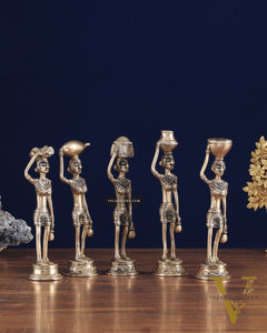 Tribal Brass Set of 5 Village Women Idols Depicting Daily Chores 7.5"