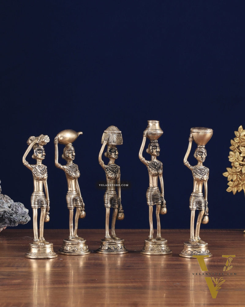 Tribal Brass Set of 5 Village Women Idols Depicting Daily Chores 7.5"