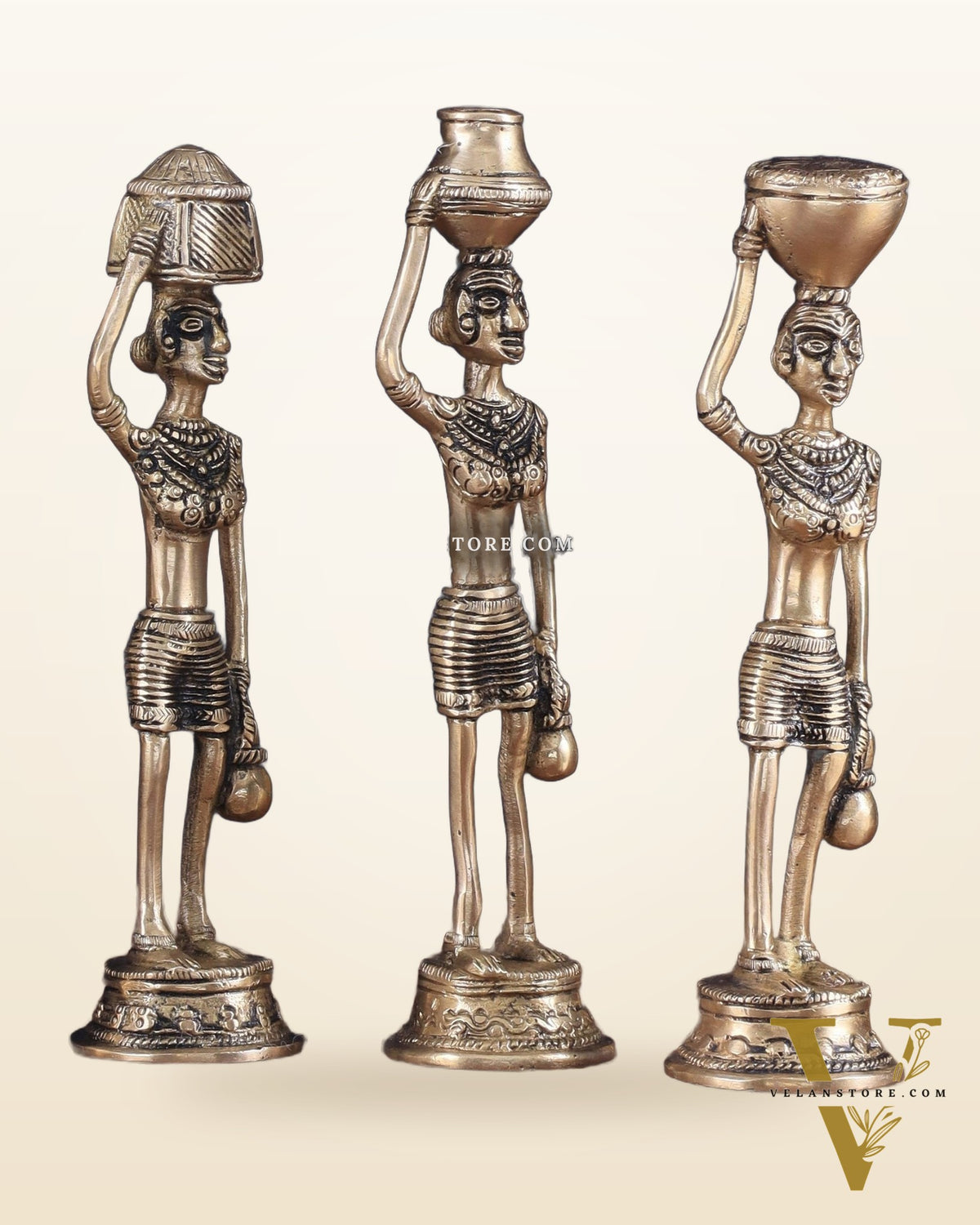 Tribal Brass Set of 5 Village Women Idols Depicting Daily Chores 7.5"