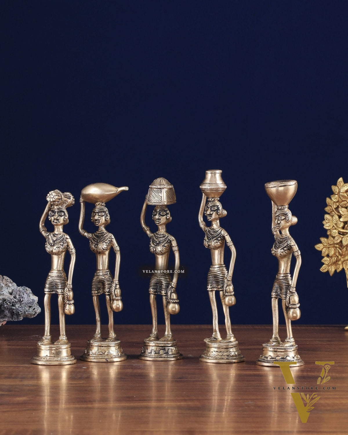 Tribal Brass Set of 5 Village Women Idols Depicting Daily Chores 7.5"