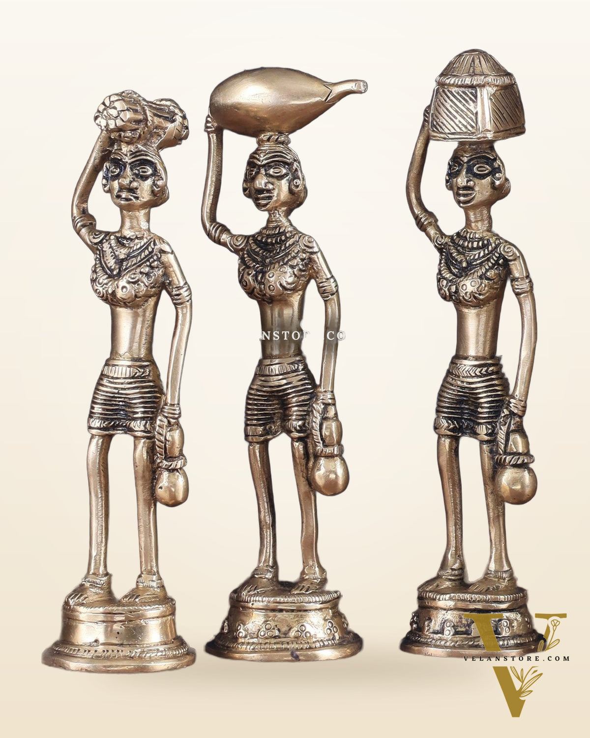 Tribal Brass Set of 5 Village Women Idols Depicting Daily Chores 7.5"