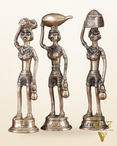 Tribal Brass Set of 5 Village Women Idols Depicting Daily Chores 7.5"