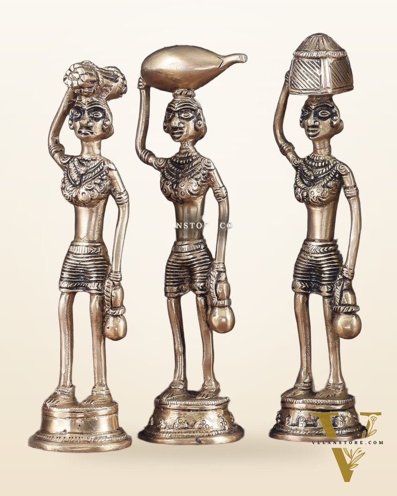 Tribal Brass Set of 5 Village Women Idols Depicting Daily Chores 7.5"