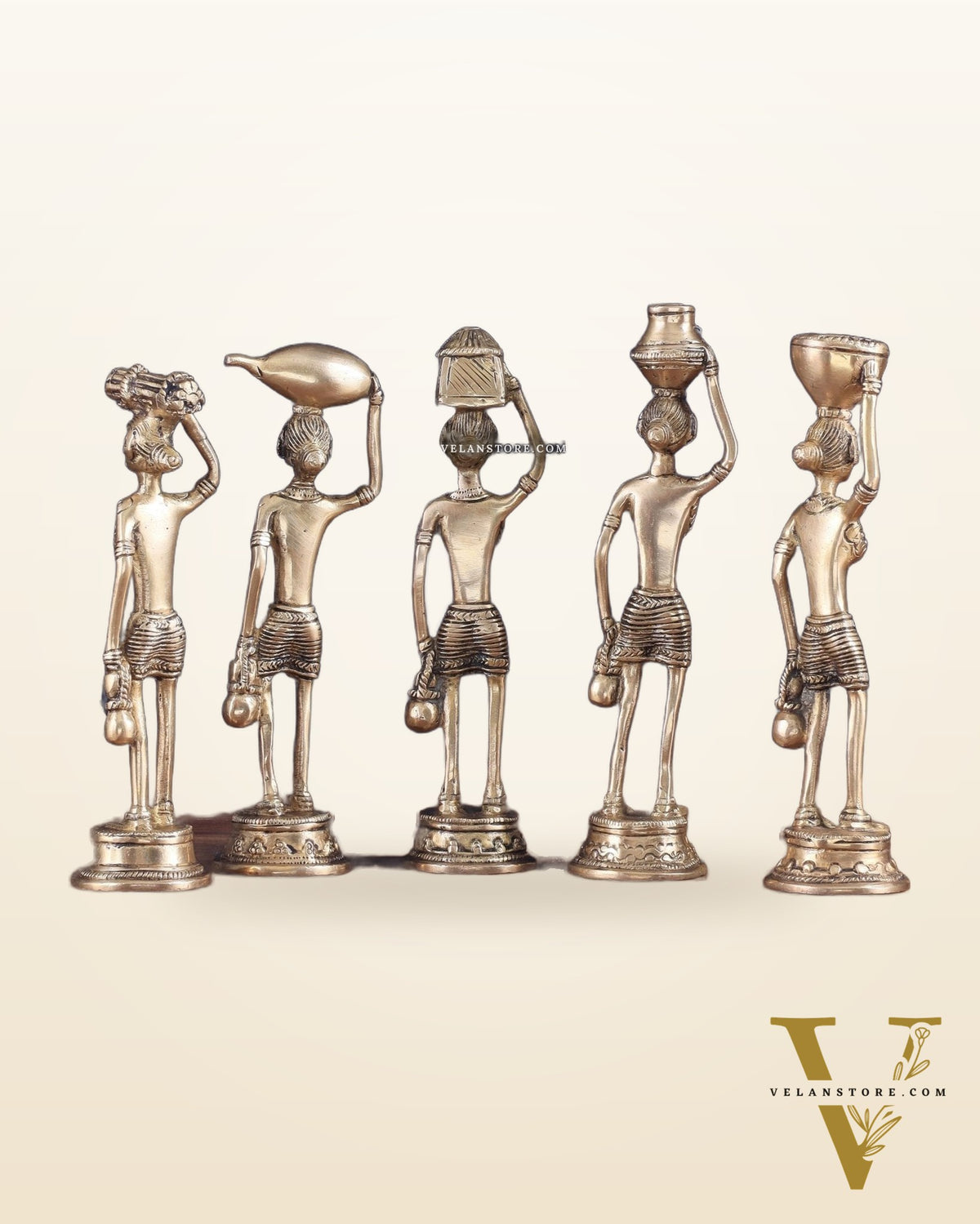 Tribal Brass Set of 5 Village Women Idols Depicting Daily Chores 7.5"