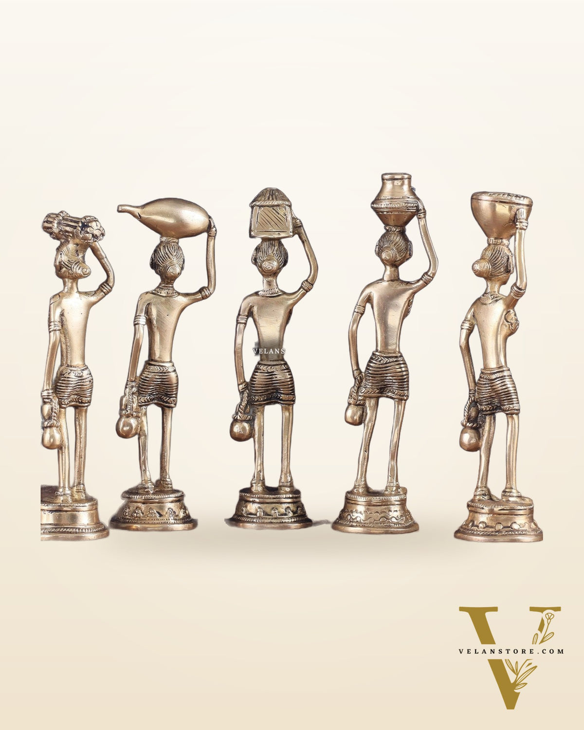 Tribal Brass Set of 5 Village Women Idols Depicting Daily Chores 7.5"