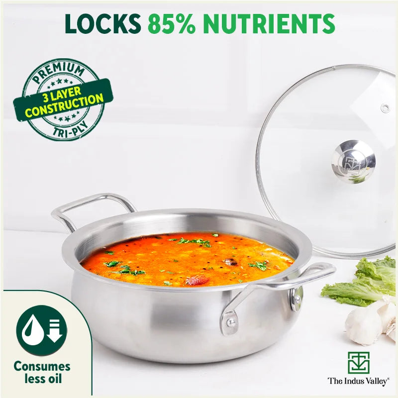 TurboCuk Tri-ply Biryani Cooking Pot/Casserole+ Glass Lid, Wide Handi Shape, Premium Quality, 3 Layer Thick Body, 100% Toxin-free, Non-stick, Induction & Gas, 2L