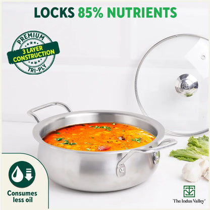 TurboCuk Tri-ply Biryani Cooking Pot/Casserole+ Glass Lid, Wide Handi Shape, Premium Quality, 3 Layer Thick Body, 100% Toxin-free, Non-stick, Induction & Gas, 2L