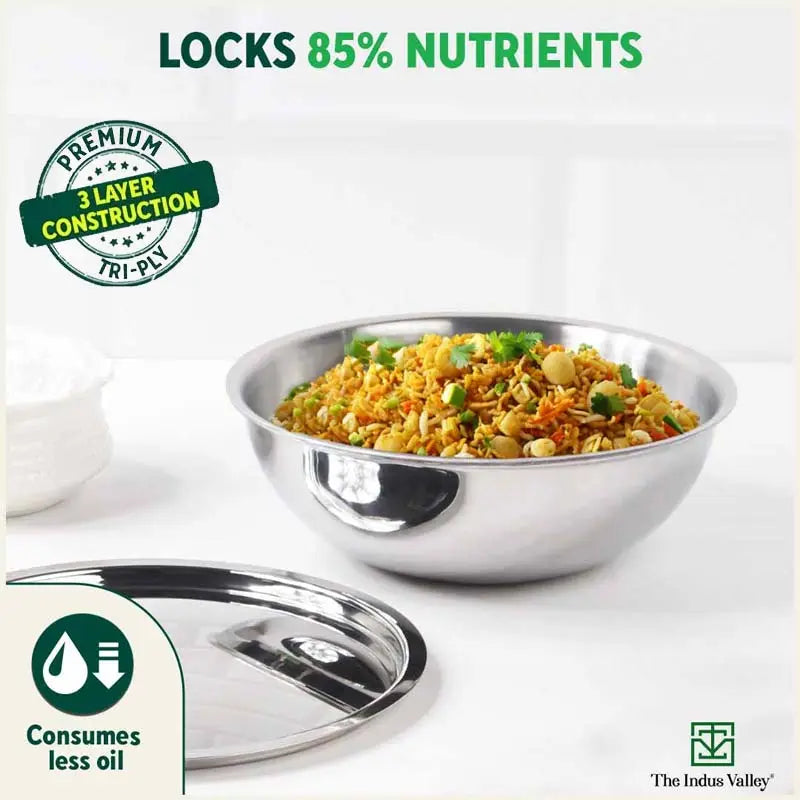 TurboCuk Tri-ply Stainless Steel Tasla/Tasra/ Patila+ Steel Lid, Cook & Serve, Premium Quality, 3 Layer Thick Body, 100% Toxin-free, Non-stick, Induction & Gas, 1.6/1.7/3.2L