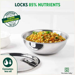 TurboCuk Tri-ply Stainless Steel Tasla/Tasra/ Patila+ Steel Lid, Cook & Serve, Premium Quality, 3 Layer Thick Body, 100% Toxin-free, Non-stick, Induction & Gas, 1.6/1.7/3.2L