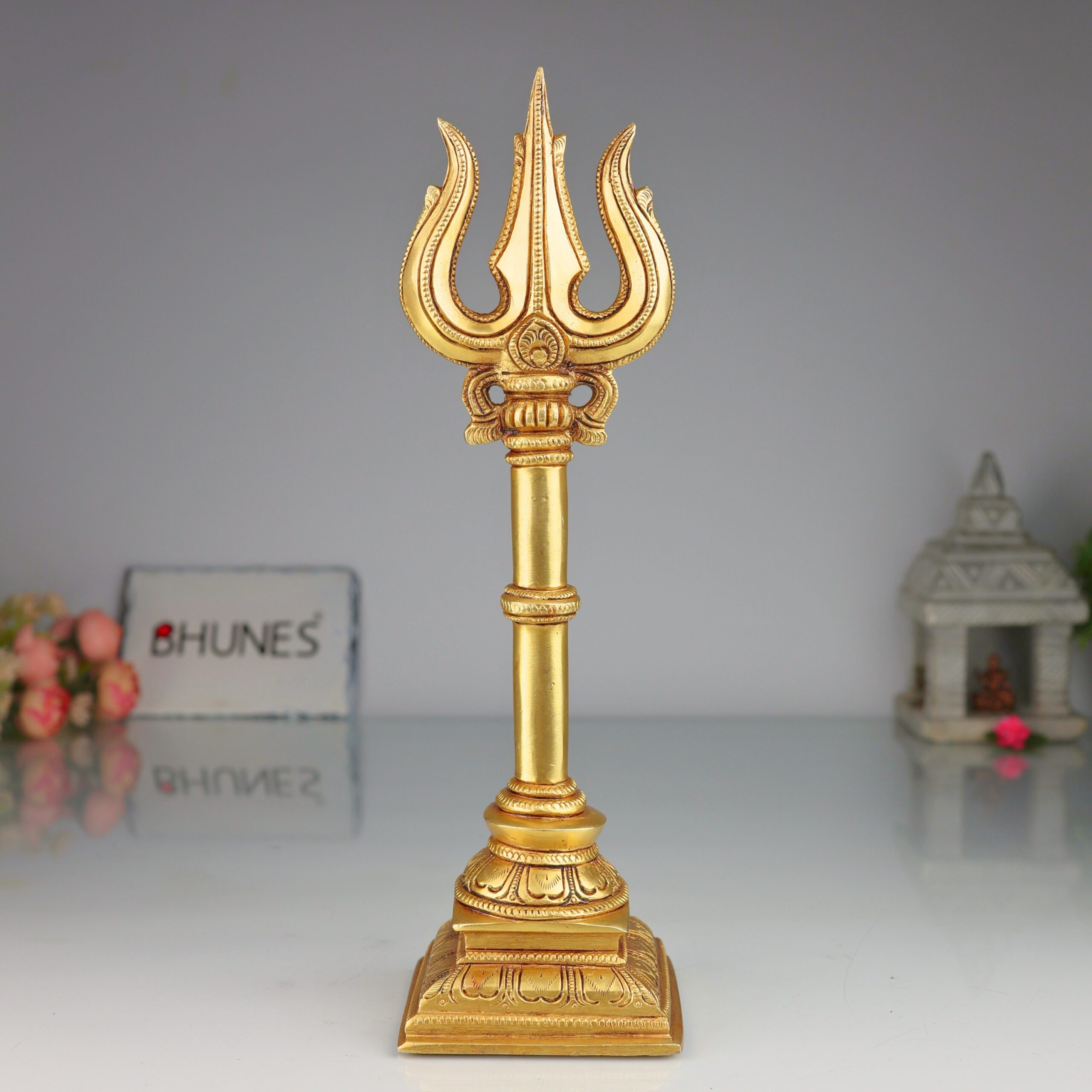Brass Handcrafted Trishul Trident of Shiva - Shoolam Trishula Trishool for Pooja, Wall Decor & Temple | Mahadev Shaiva Hindu Sacred Weapon, Gold, 12 Inch, 1 Piece
