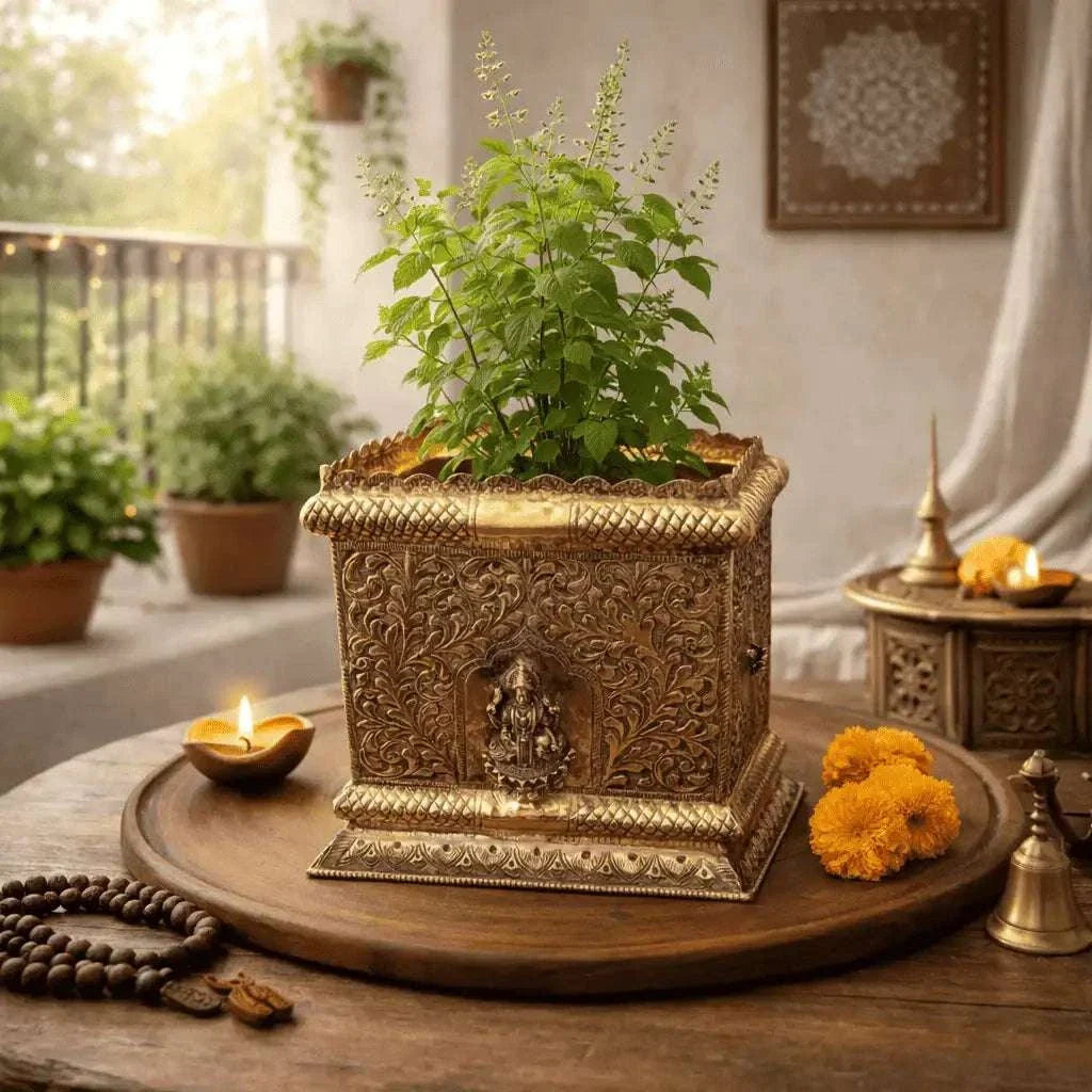Brass Lakshmi Design Tulsi Planter / Pot