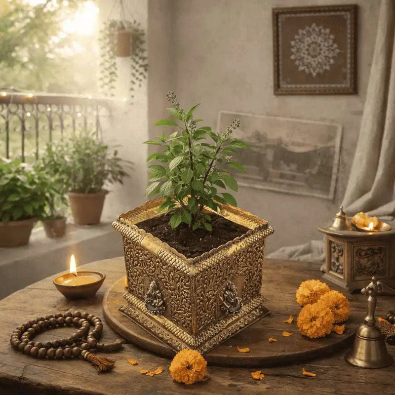 Brass Lakshmi Design Tulsi Planter / Pot