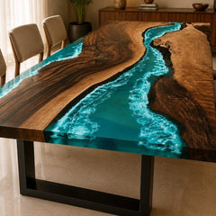 Live Edge Wood Ocean Wave Epoxy Resin Dining Table with Black Metal Legs | Modern Luxury Blue Resin Table Top, Handmade Luxury Furniture Interior Design, Kitchen River Table