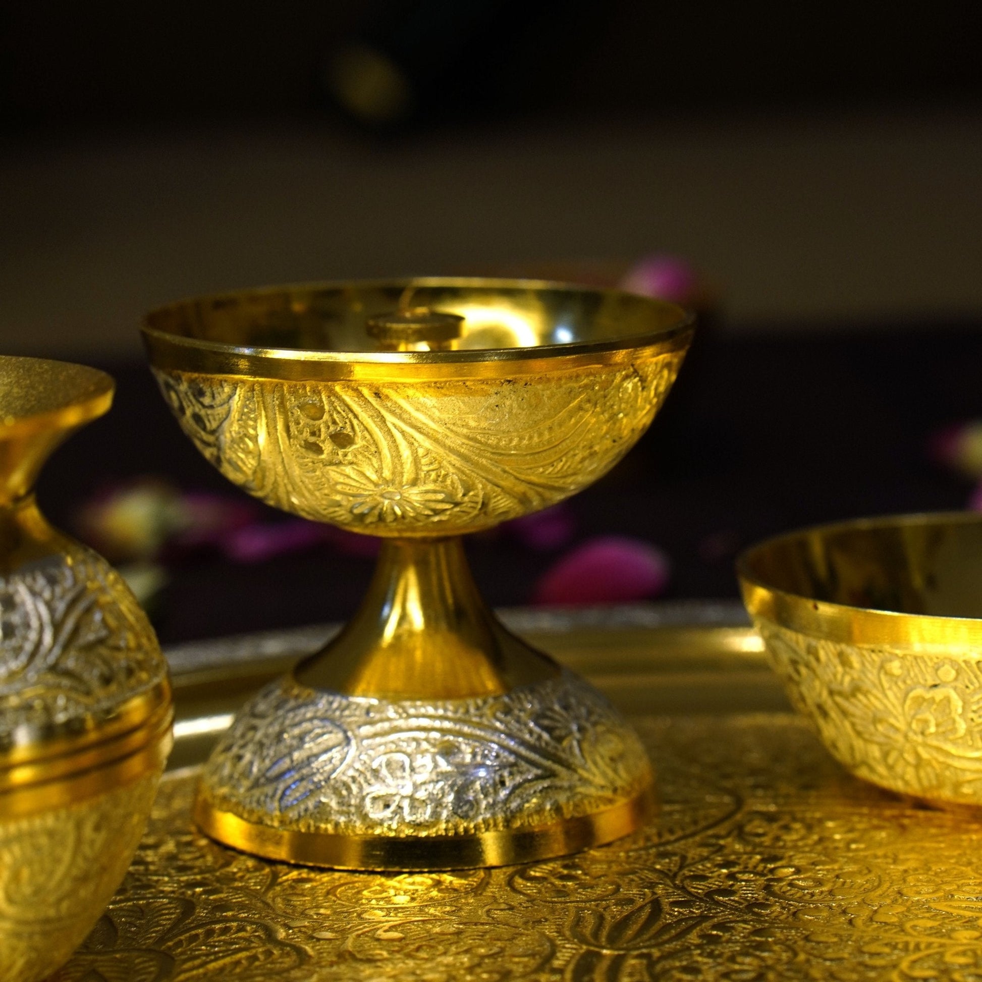 Brass Two Toned 7Pc Pooja Set (10" Plate)