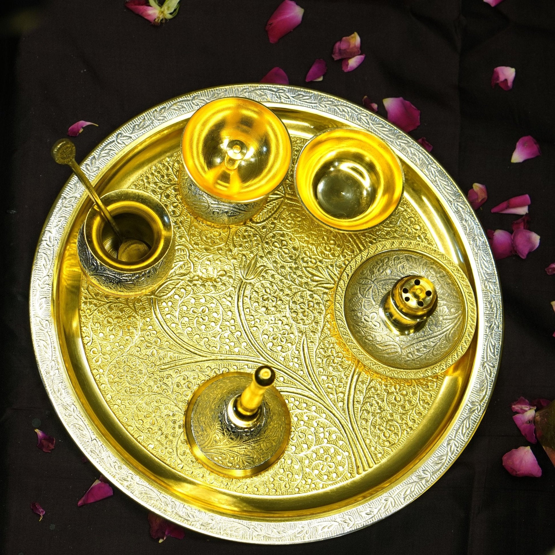 Brass Two Toned 7Pc Pooja Set (10" Plate)