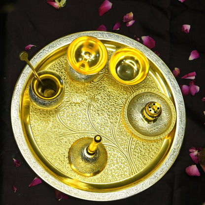 Brass Two Toned 7Pc Pooja Set (10" Plate)