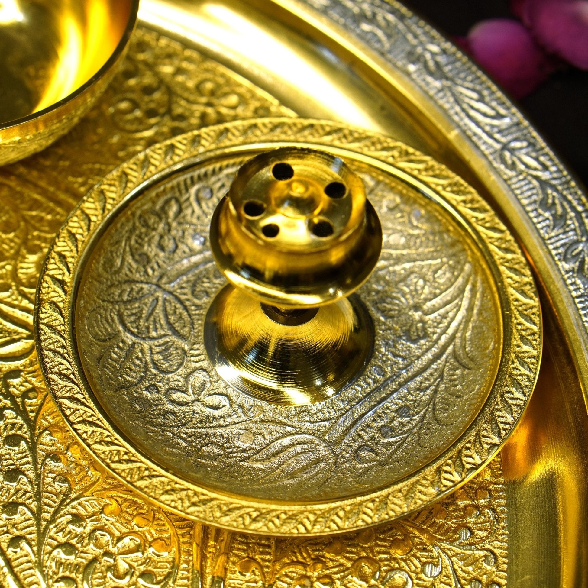 Brass Two Toned 7Pc Pooja Set (10" Plate)