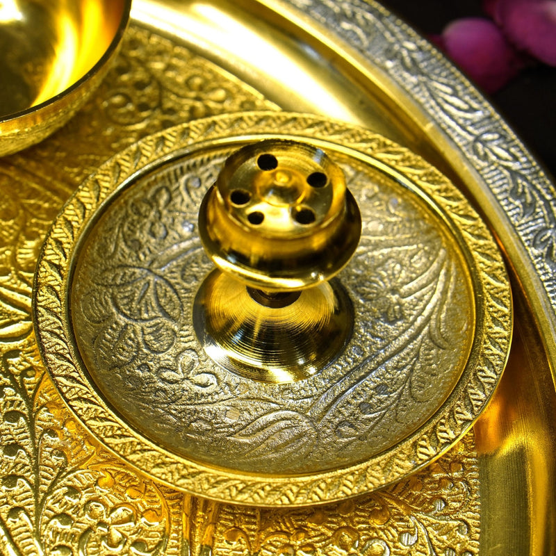 Brass Two Toned 7Pc Pooja Set (10" Plate)