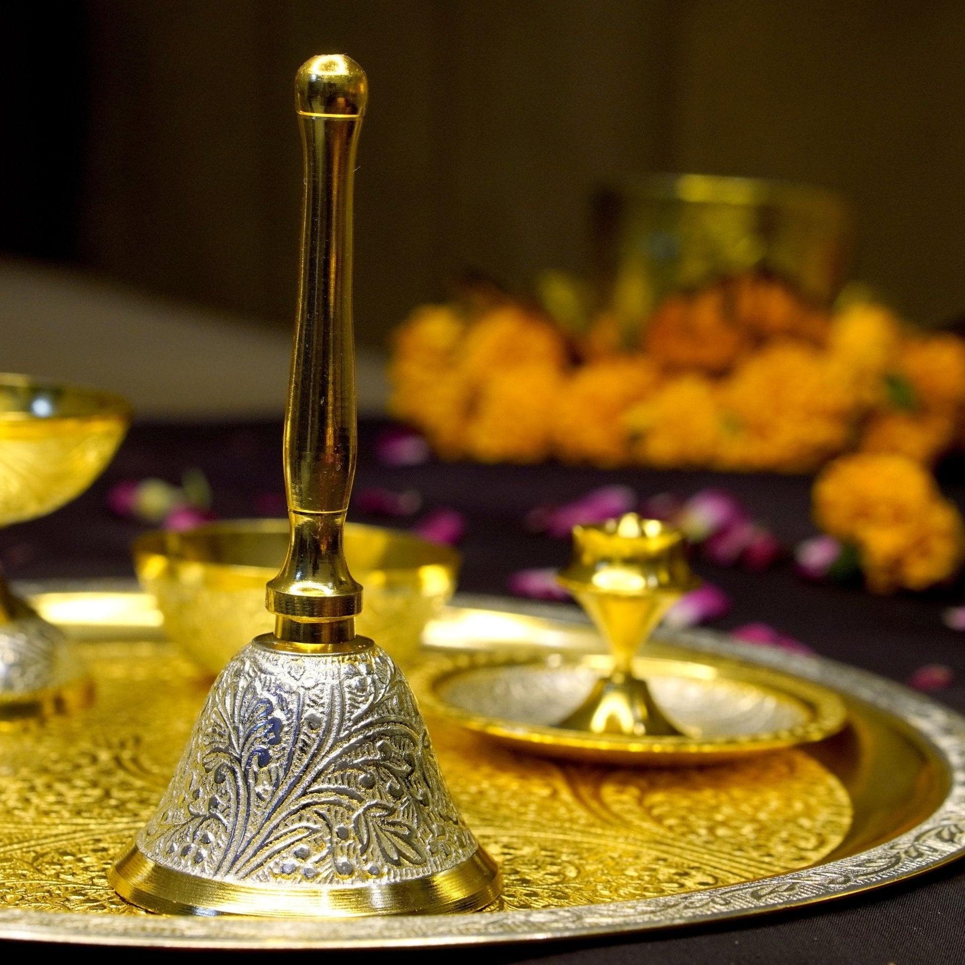 Brass Two Toned 7Pc Pooja Set (10" Plate)