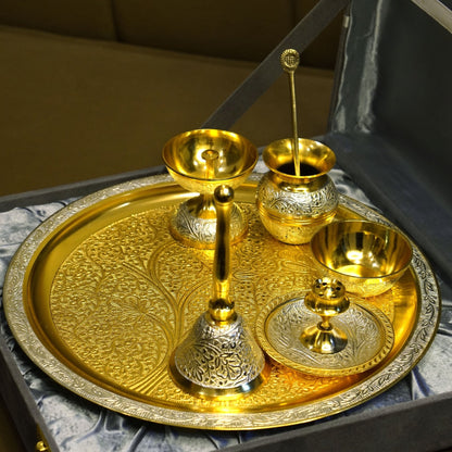 Brass Two Toned 7Pc Pooja Set (10" Plate)