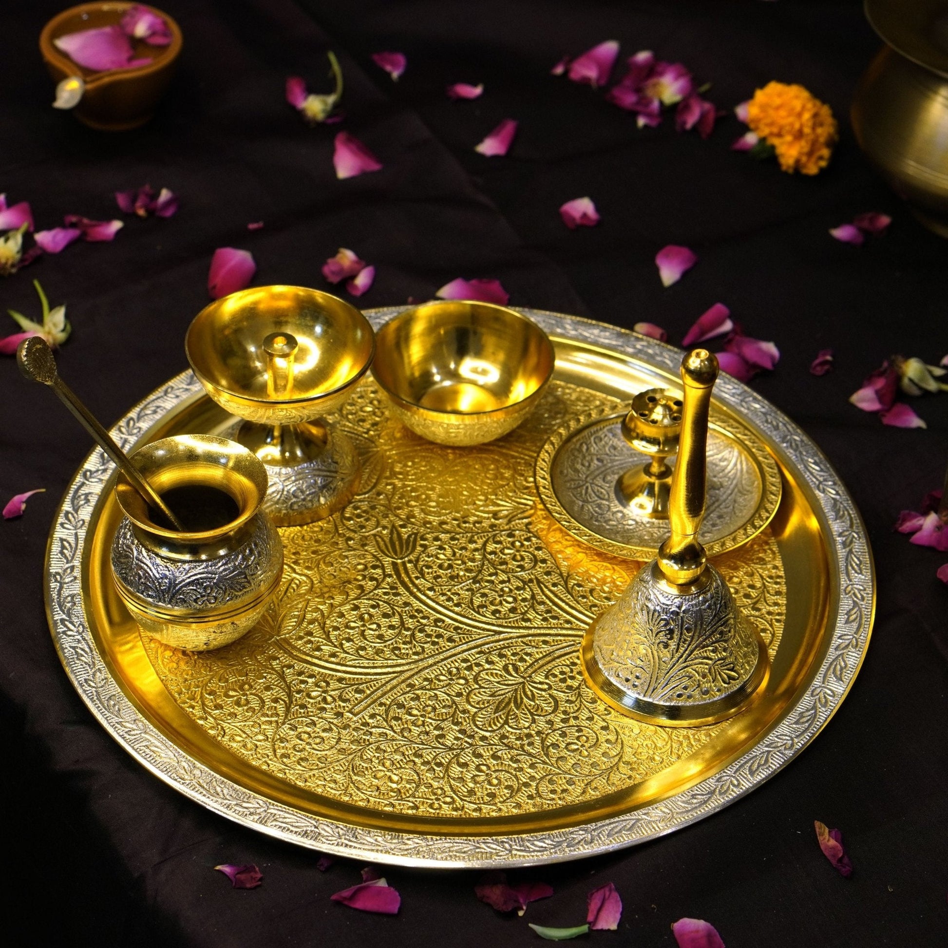 Brass Two Toned 7Pc Pooja Set (10" Plate)