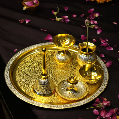 Brass Two Toned 7Pc Pooja Set (10" Plate)
