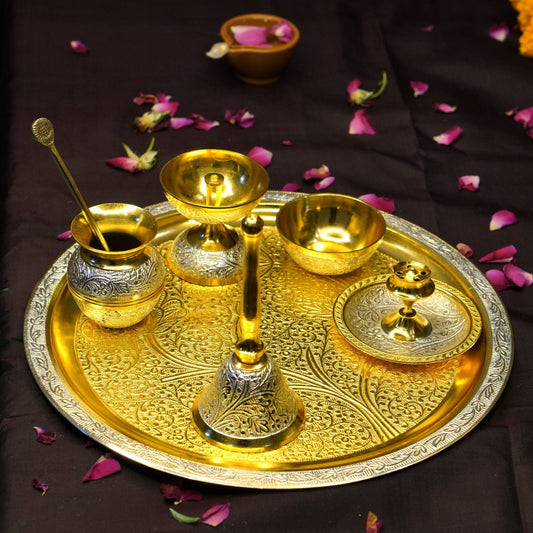 Brass Two Toned 7Pc Pooja Set (10" Plate)