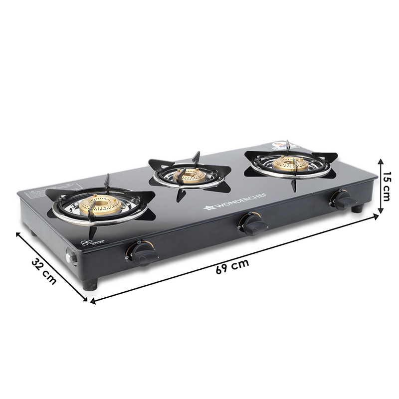 Wonderchef Ultima 3 Burner Manual Glass Gas Stove | 6mm Toughened Glass Gas Stove | Stainless Steel Drip tray | Anti-Ski