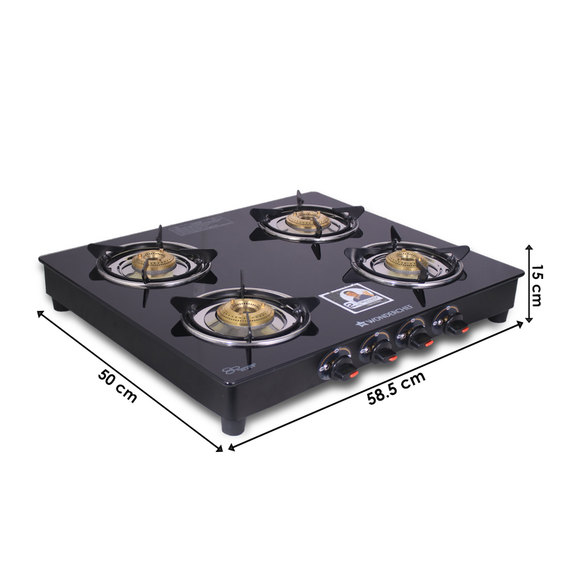 Wonderchef Ultima 4 Burner Manual Glass Gas Stove | 6mm Toughened Glass Gas Stove | Stainless Steel Drip tray | Anti-Ski