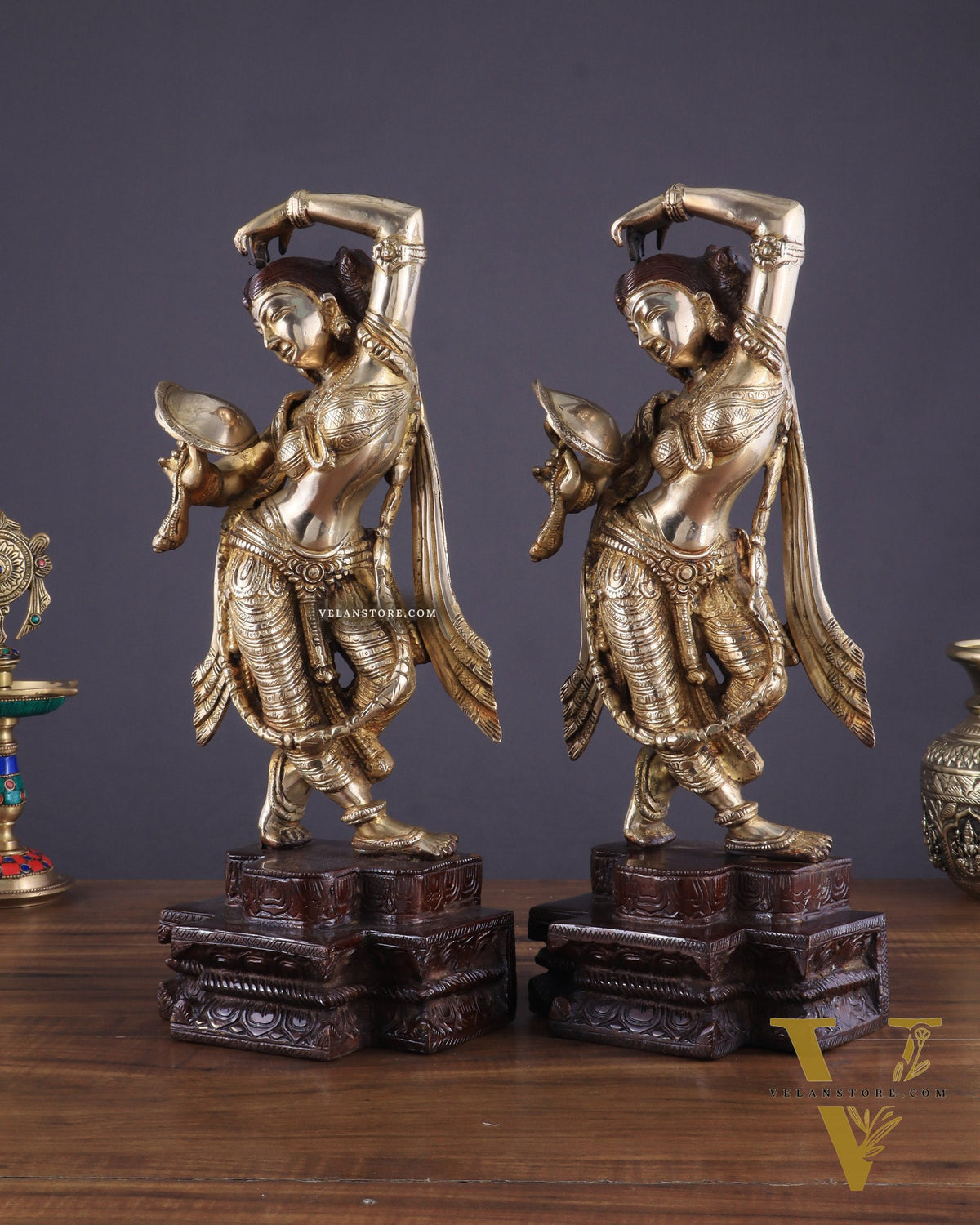 Unique Brass Apsara Applying Sindoor – Double Chola Tone (Pair) 14"