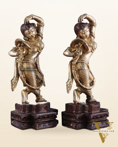 Unique Brass Apsara Applying Sindoor – Double Chola Tone (Pair) 14"