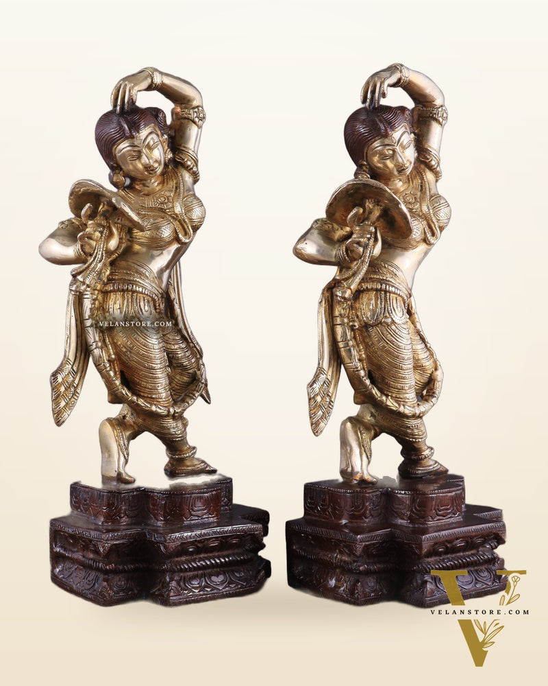 Unique Brass Apsara Applying Sindoor – Double Chola Tone (Pair) 14"