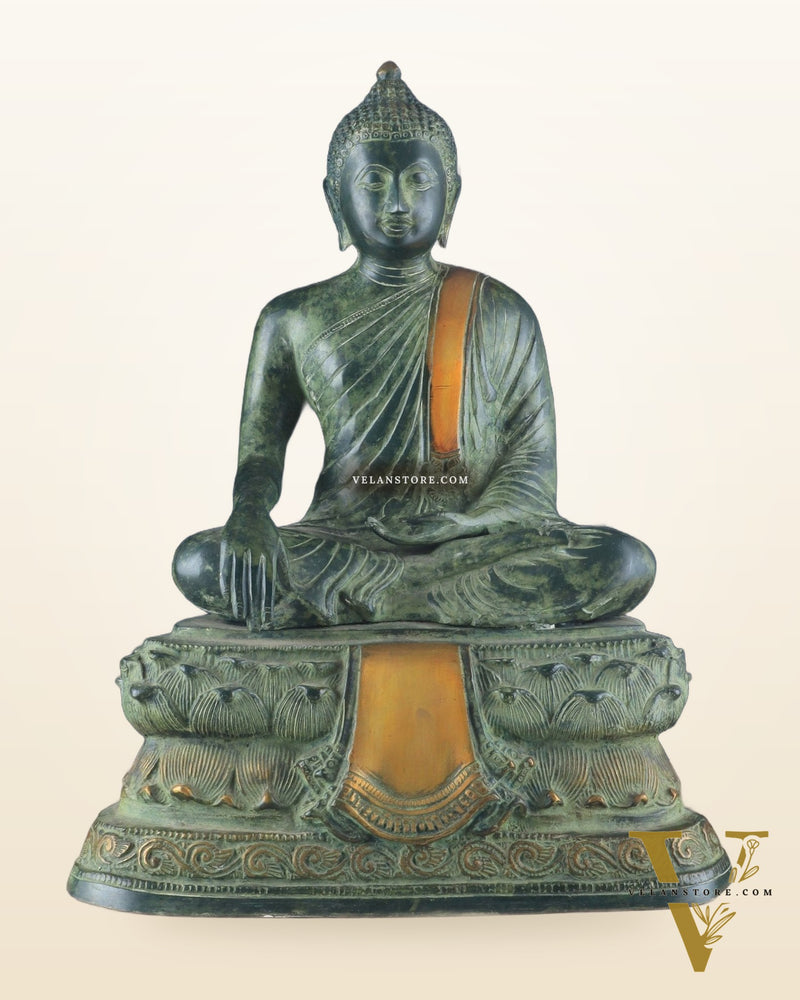 Unique Brass Blessing Buddha Statue in Green Stone Finish – 15 Inches