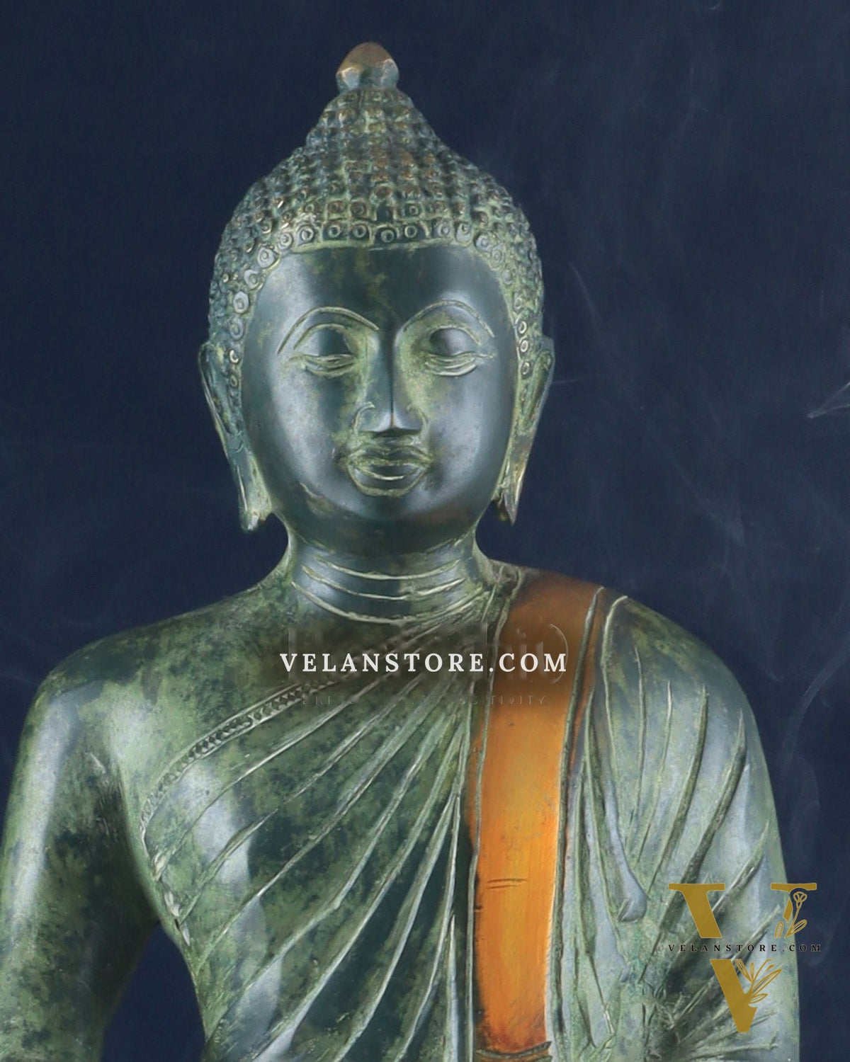 Unique Brass Blessing Buddha Statue in Green Stone Finish – 15 Inches