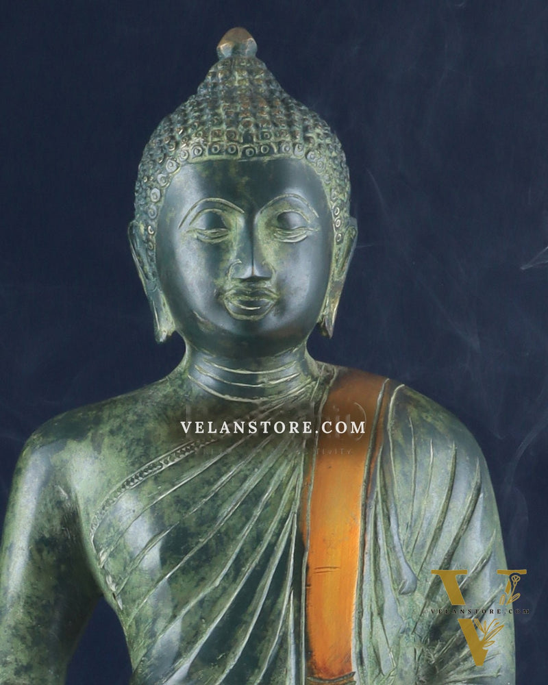 Unique Brass Blessing Buddha Statue in Green Stone Finish – 15 Inches