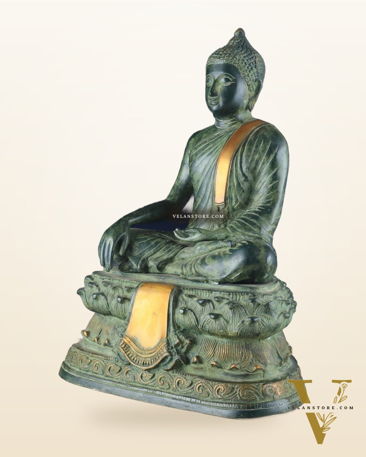 Unique Brass Blessing Buddha Statue in Green Stone Finish – 15 Inches