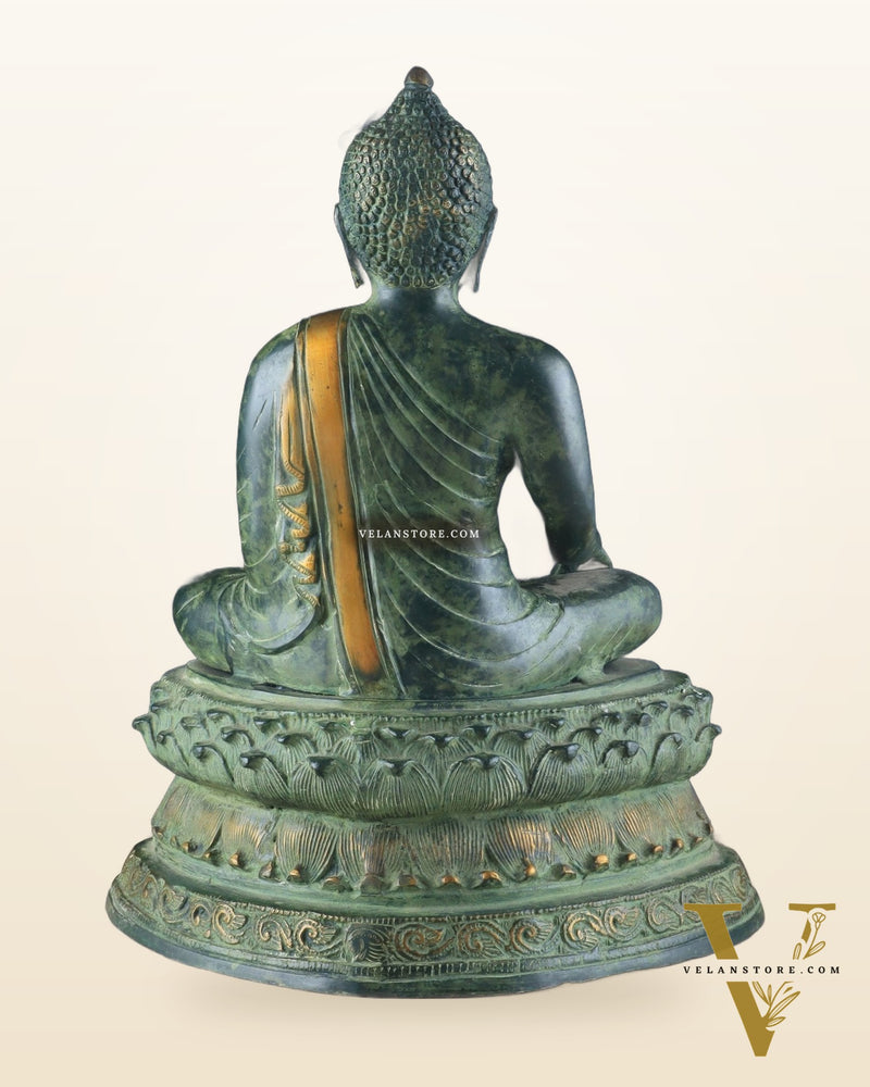 Unique Brass Blessing Buddha Statue in Green Stone Finish – 15 Inches
