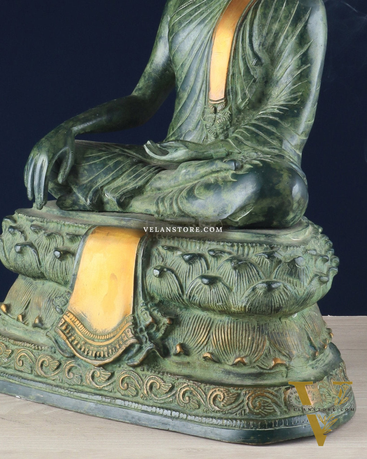 Unique Brass Blessing Buddha Statue in Green Stone Finish – 15 Inches