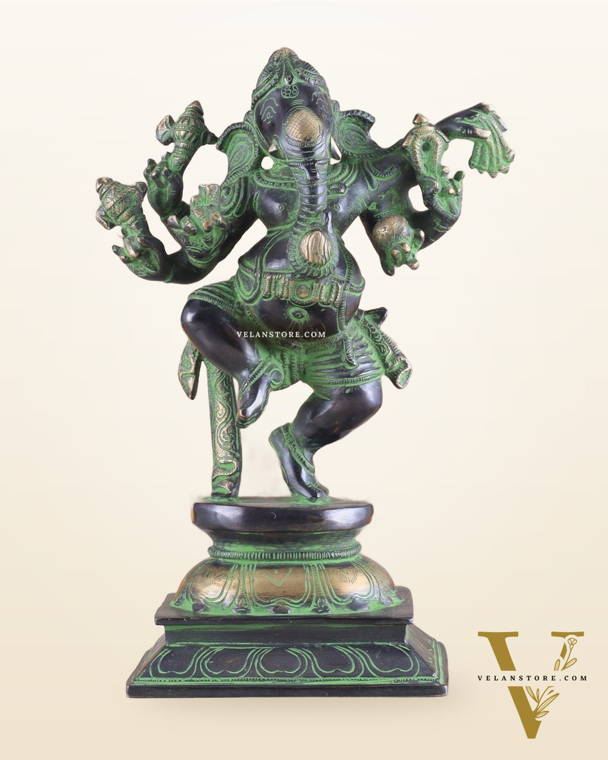 Unique Brass Dancing Ganesha - Nritya Ganapati Statue, Vintage Black and Green Tone Sculpture