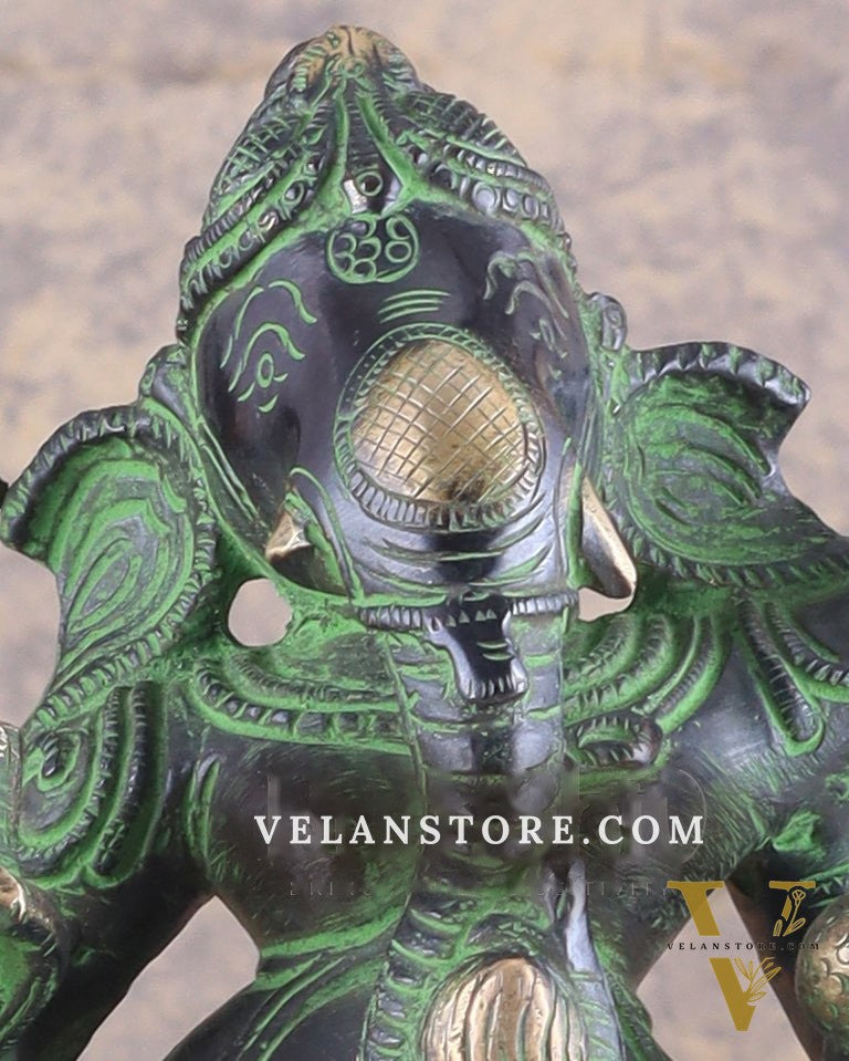 Unique Brass Dancing Ganesha - Nritya Ganapati Statue, Vintage Black and Green Tone Sculpture