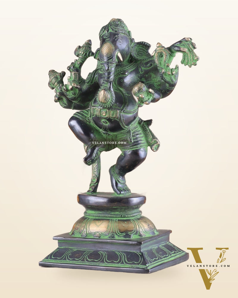 Unique Brass Dancing Ganesha - Nritya Ganapati Statue, Vintage Black and Green Tone Sculpture