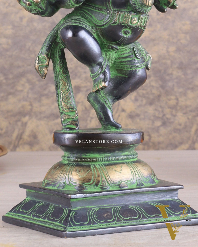 Unique Brass Dancing Ganesha - Nritya Ganapati Statue, Vintage Black and Green Tone Sculpture