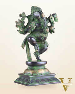 Unique Brass Dancing Ganesha - Nritya Ganapati Statue, Vintage Black and Green Tone Sculpture