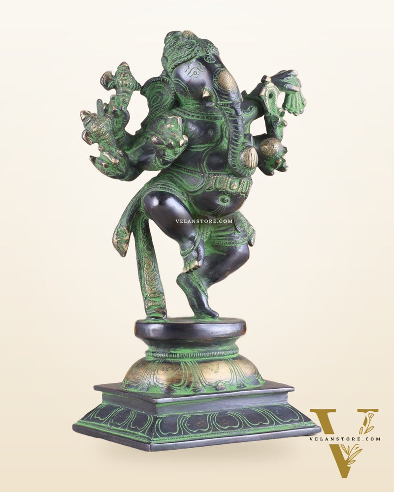 Unique Brass Dancing Ganesha - Nritya Ganapati Statue, Vintage Black and Green Tone Sculpture