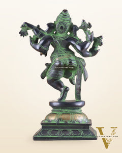 Unique Brass Dancing Ganesha - Nritya Ganapati Statue, Vintage Black and Green Tone Sculpture