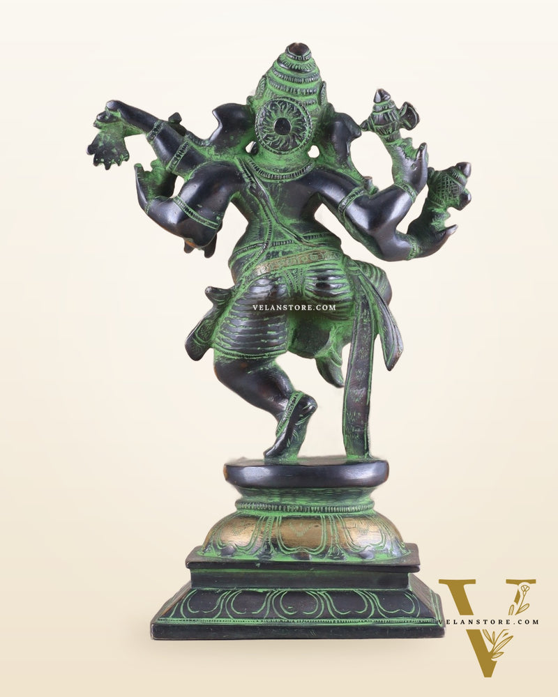 Unique Brass Dancing Ganesha - Nritya Ganapati Statue, Vintage Black and Green Tone Sculpture